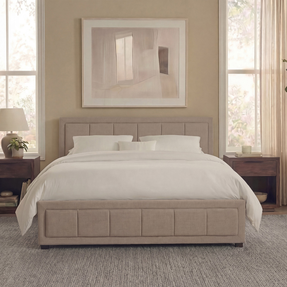 VIDA DESIGNS Vanita King Size Beige Linen Ottoman Bed with Padded Headboard Image 3