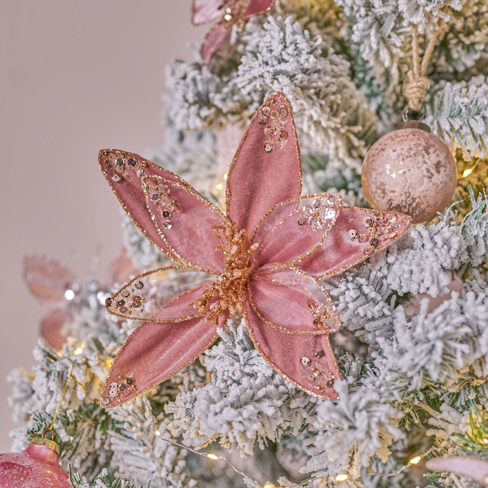 The Seasonal Gift Co. Bellini Pink Velvet Gold Glitter Flower Clip Image 2