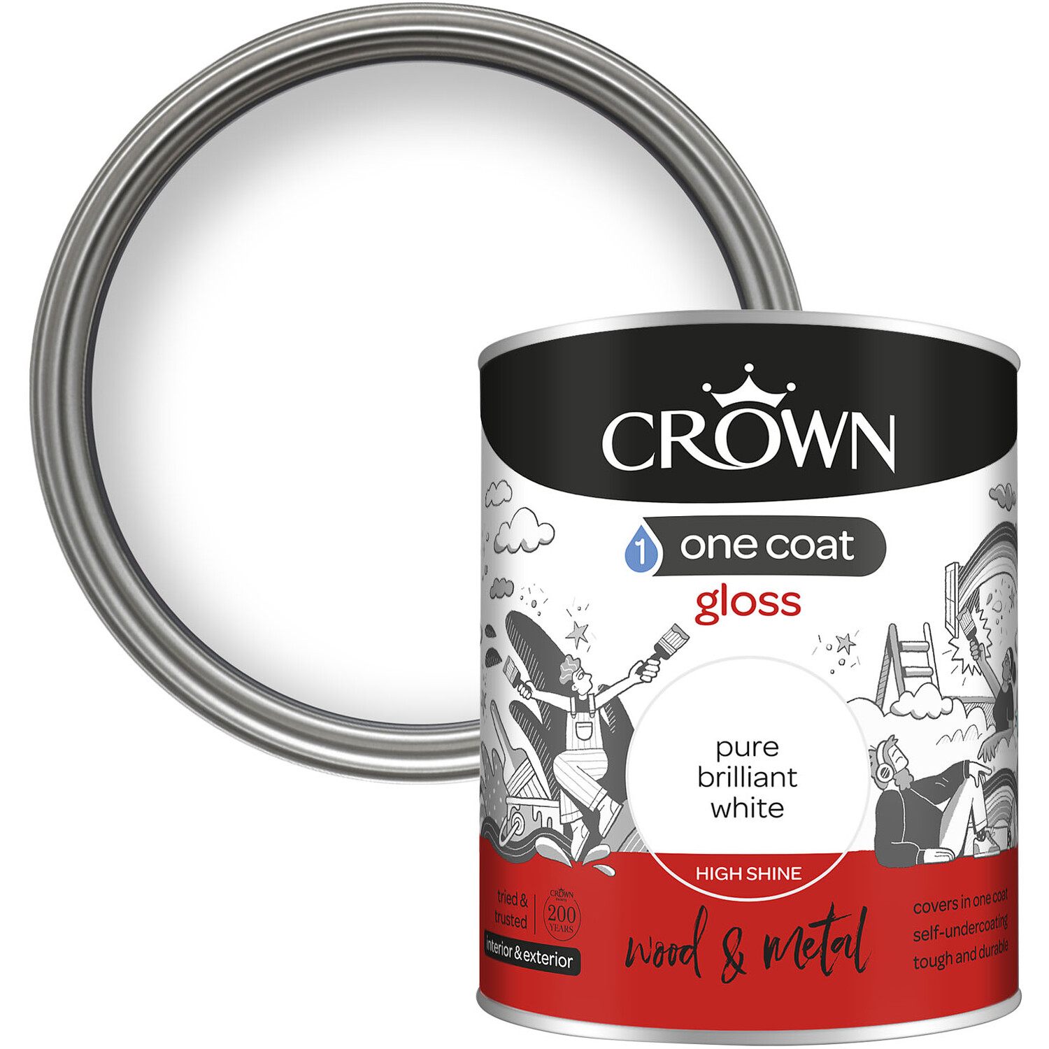 Crown One Coat Wood and Metal Pure Brilliant White Gloss Paint 750ml Image 1