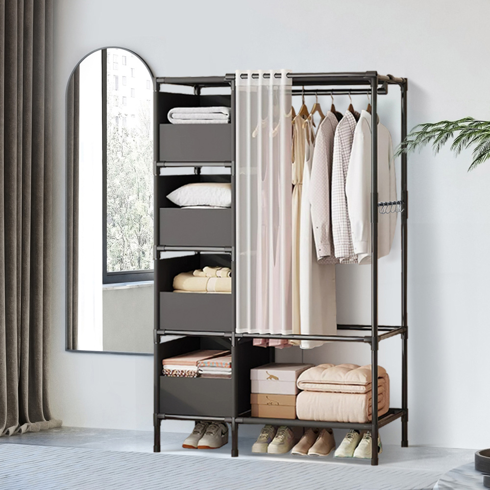 H&O Direct 4 Shelf Black Portable Metal Wardrobe with Hanging Rail and Curtain Image 5