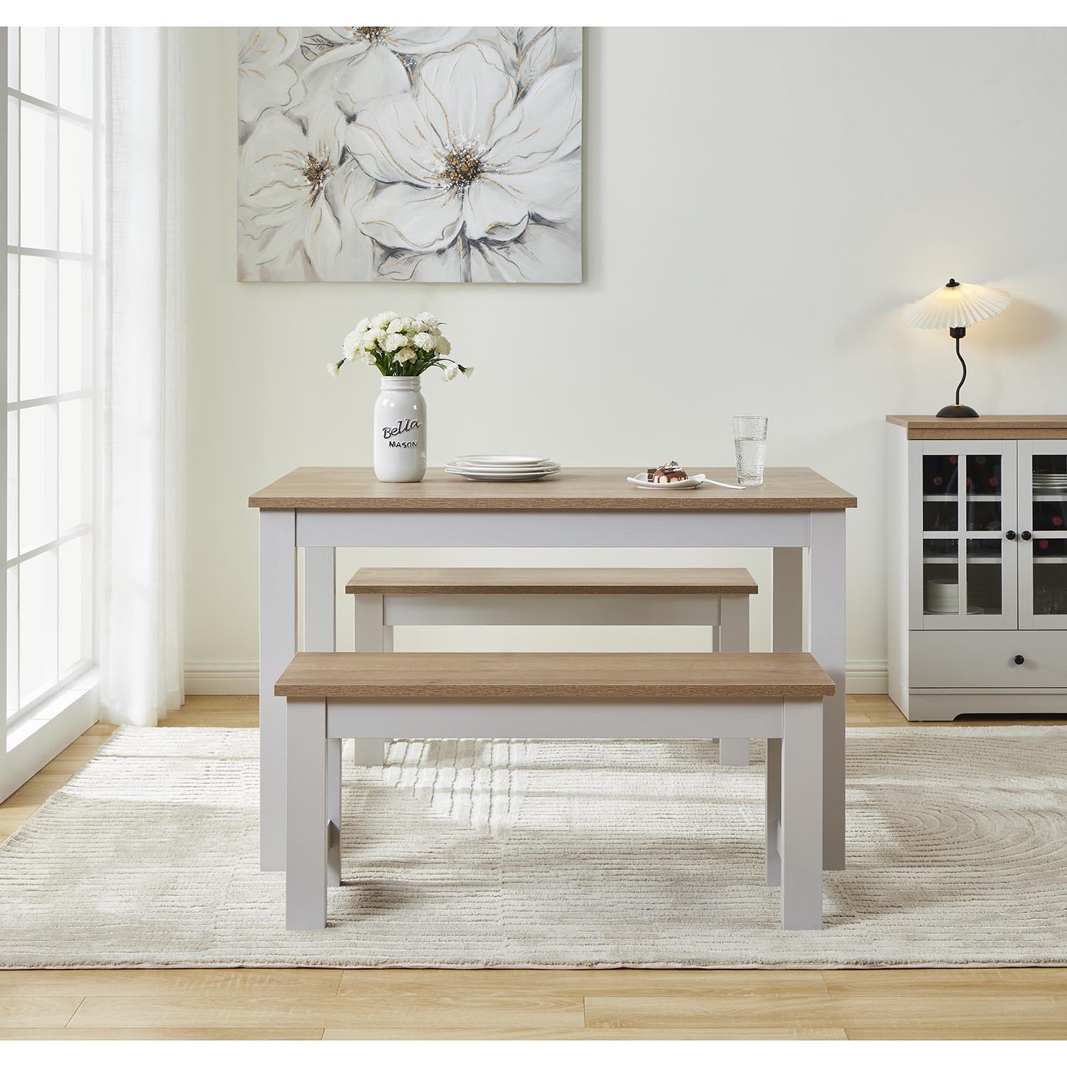 Cambridge Wooden 4 Seater Dining Bench Set Oak Effect and Light Grey Image 4