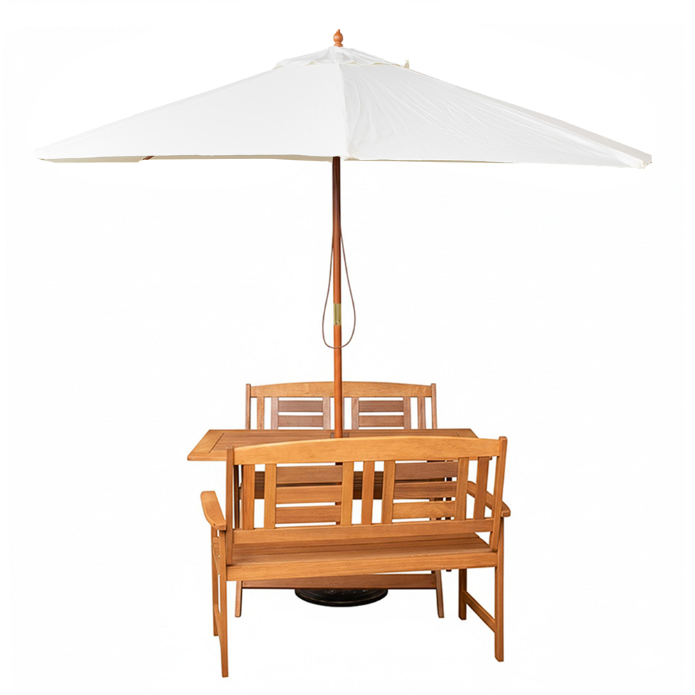 Samuel Alexander 4 Seater Wooden Rectangular Foldable Dining Bench Set with Cream Parasol and Base Image 2