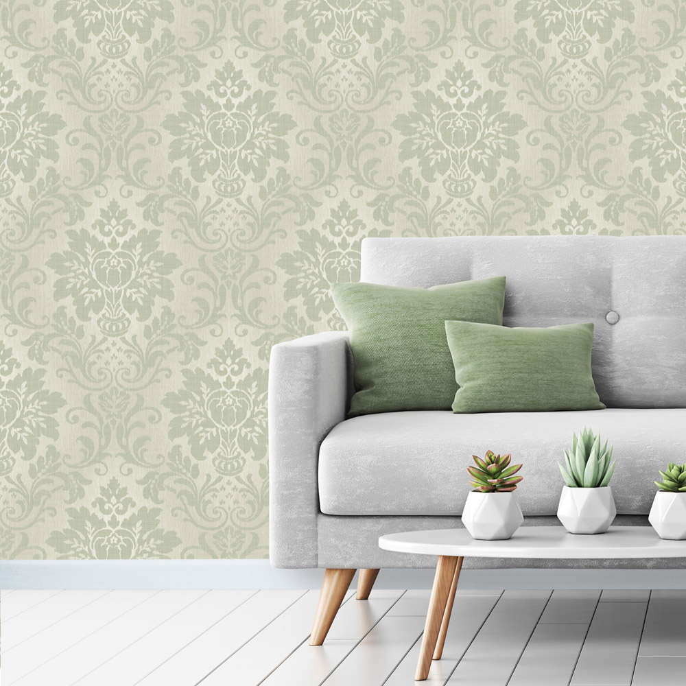 Grandeco Distressed Fabric Effect Damask Sage Green Wallpaper Image 2