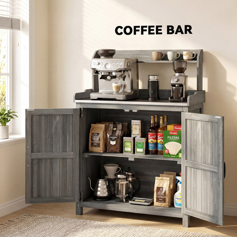 Outsunny Wooden Potting Bench Table with Aluminium Worktop and Top Shelf Image 8
