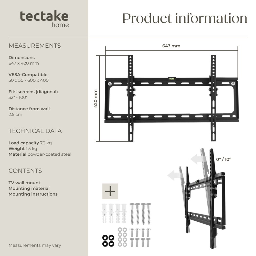 tectake 32 to 100inch Tiltable Width-Adjustable Wall Mount Flat TV Bracket Image 8