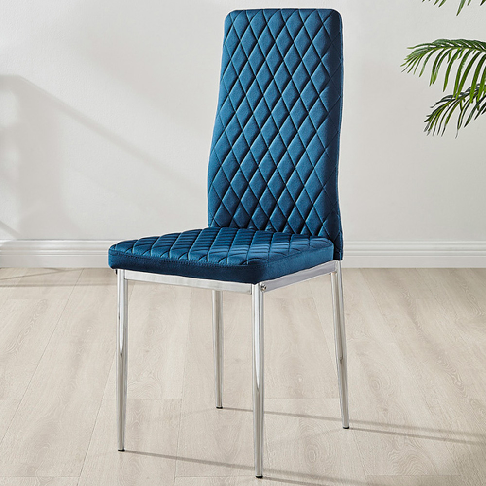 Furniturebox Nova Set of 4 Navy Blue and Silver Velvet Dining Chair Image 1