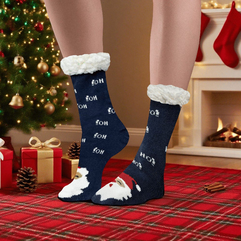 Noel Square Sherpa Fleece Navy Santa Xmas Socks Pair Image 2