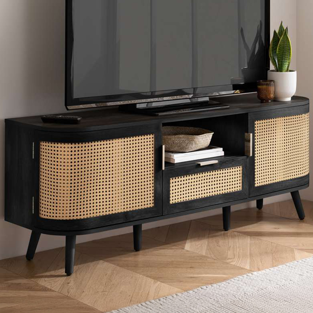 Birlea Noah 2 Door Single Drawer Black Rattan TV Unit Image 1