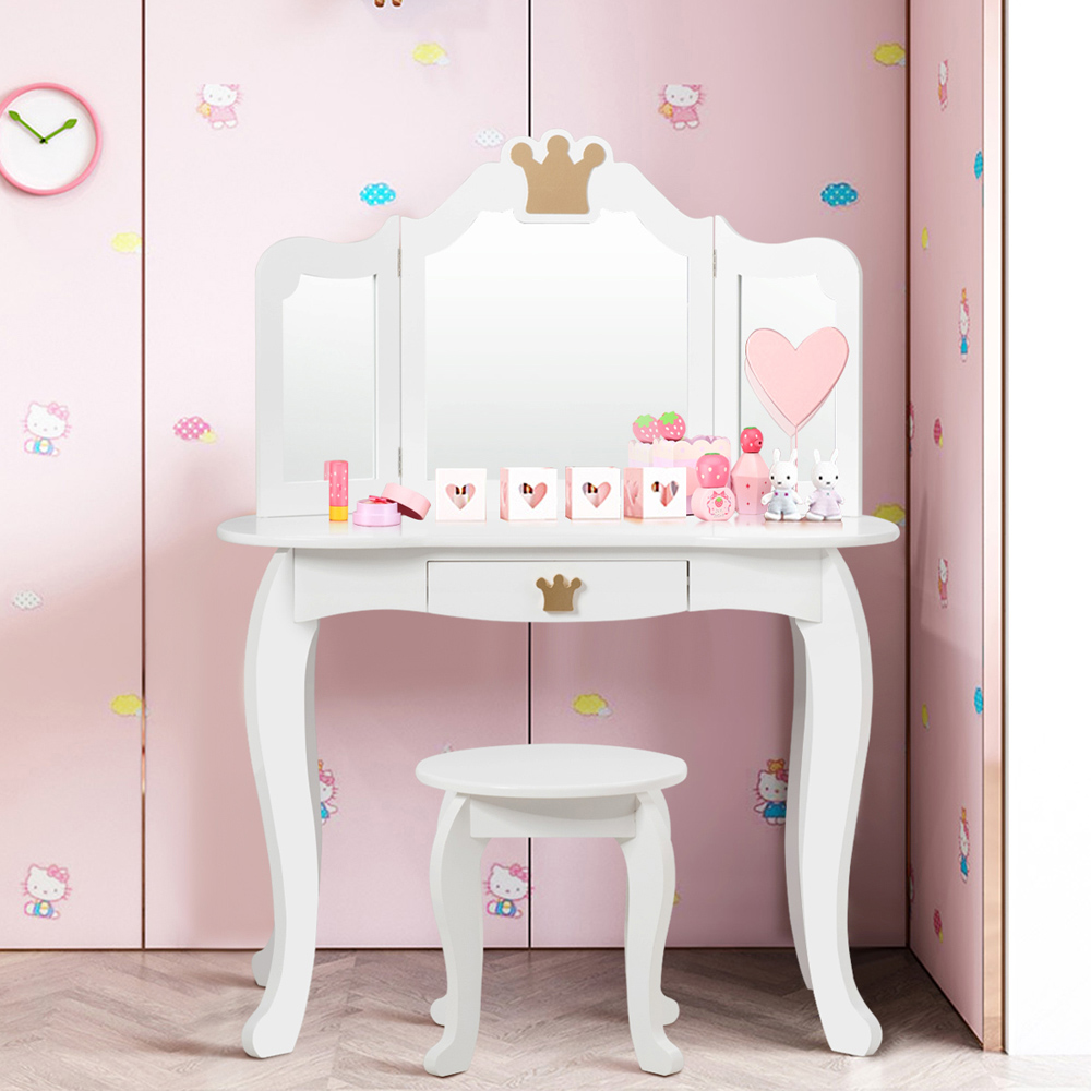 Costway Kids White Vanity Table and Chair Set with Mirror Image 7