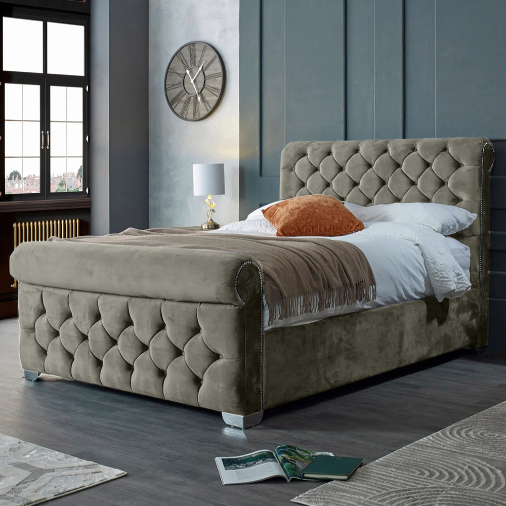Eleganza Home Veneta King Size Grey Plush Velvet Bed Frame with Chesterfield Headboard Image 1