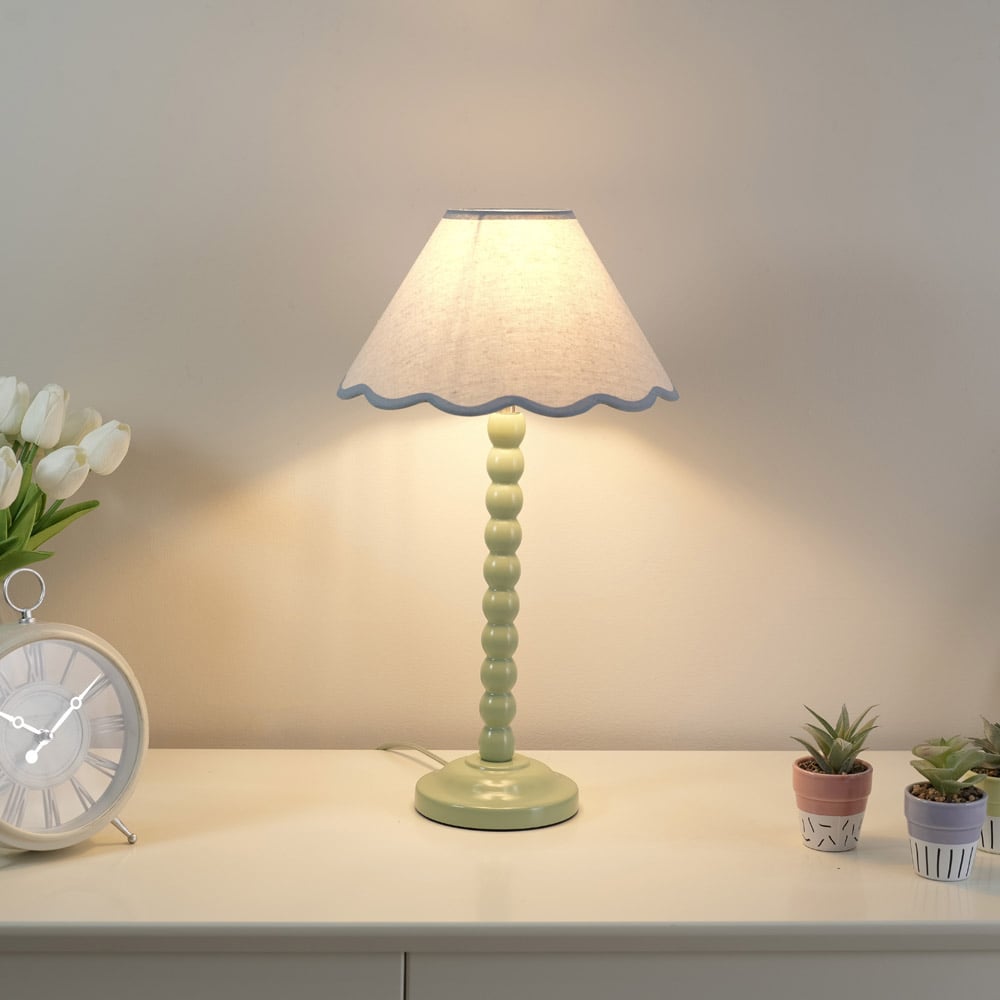 ValueLights Bobbins Natural and Blue Scallop Shade Sage Green LED Table Lamp Wilko