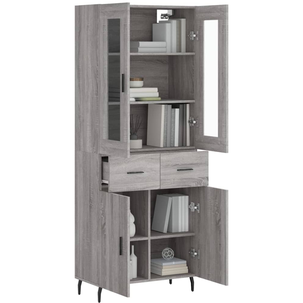 vidaXL 4 Glass and Wood Door 2 Drawer Grey Sonoma Highboard with Metal Legs Image 3