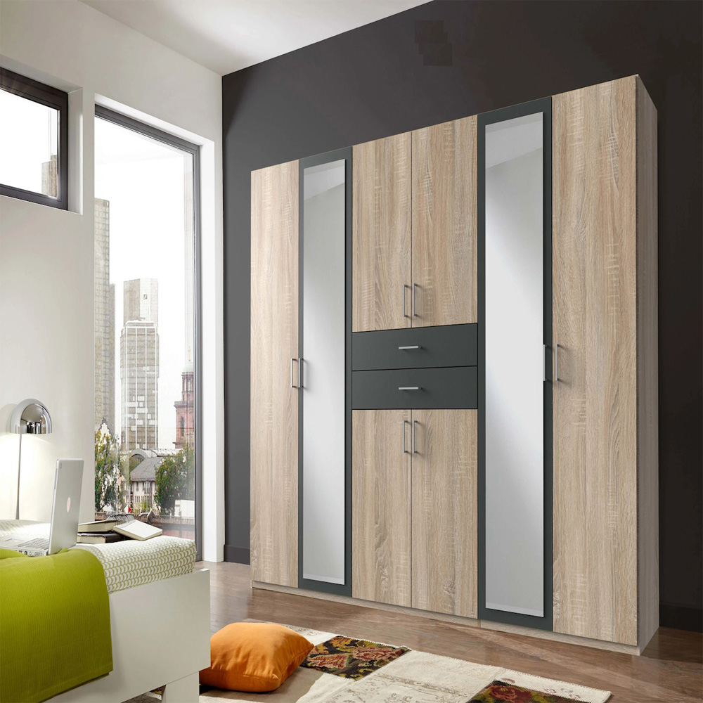 TJ'S Bristol 8 Door 2 Drawer Oak and Graphite Wardrobe Image 4