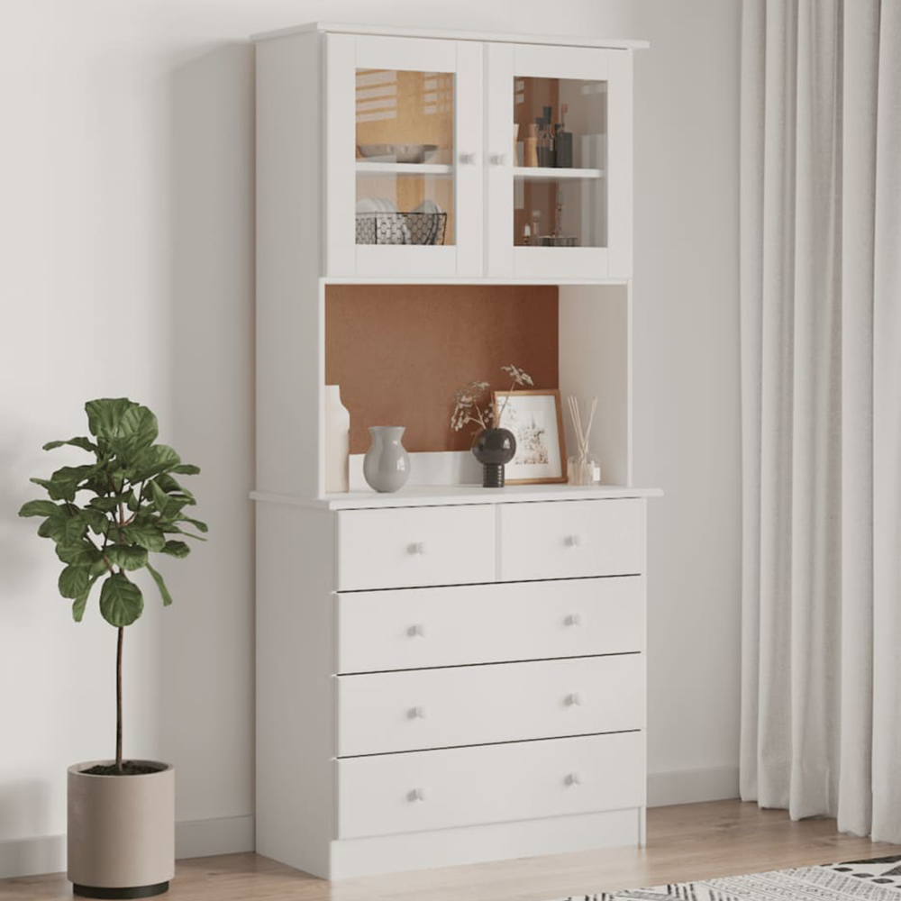 vidaXL 2 Glass Door 5 Drawer Single Shelf White Pine Wood Highboard Image 1