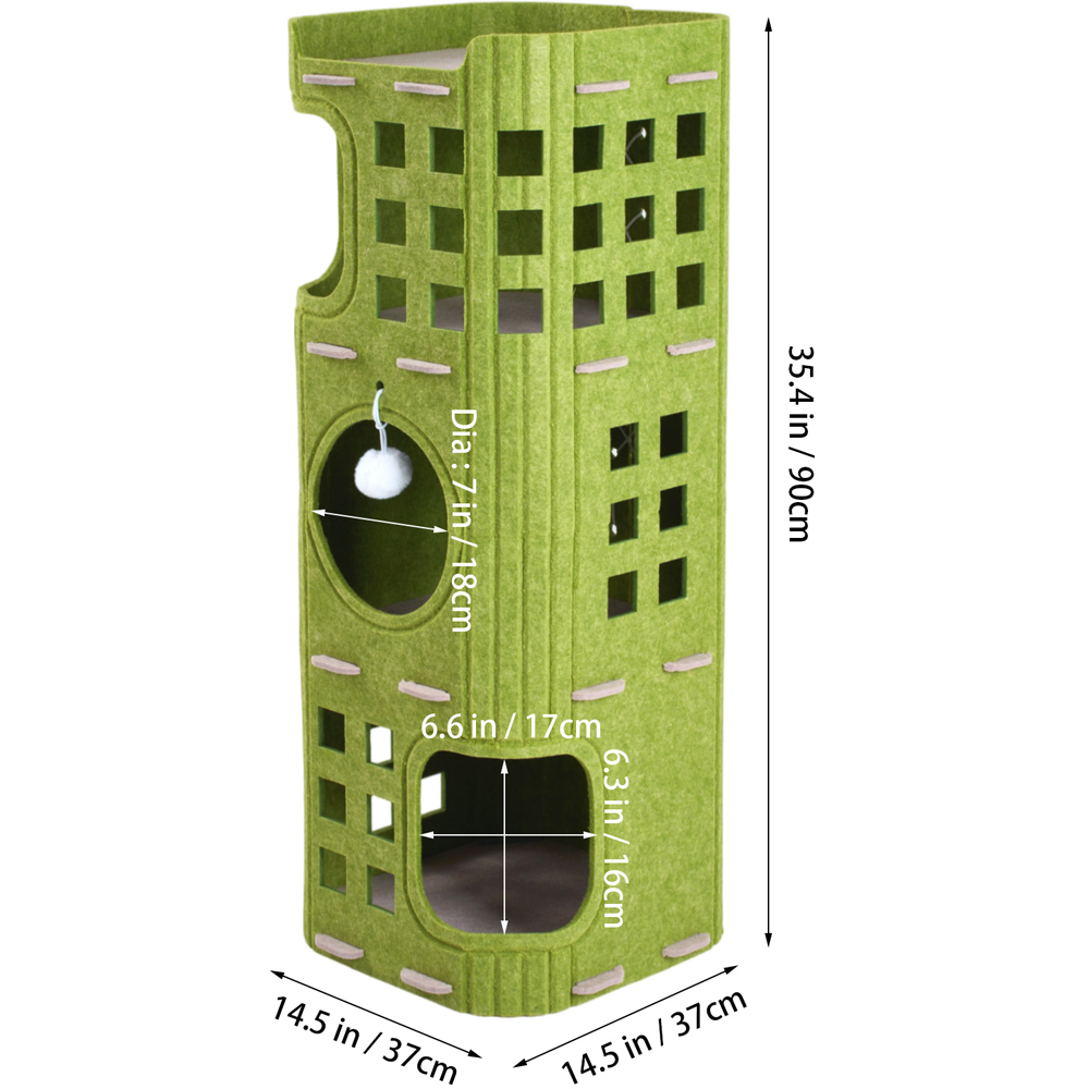 H&O Direct 3-Tier Green Felt Cat House with Hanging Fluffy Ball Image 6