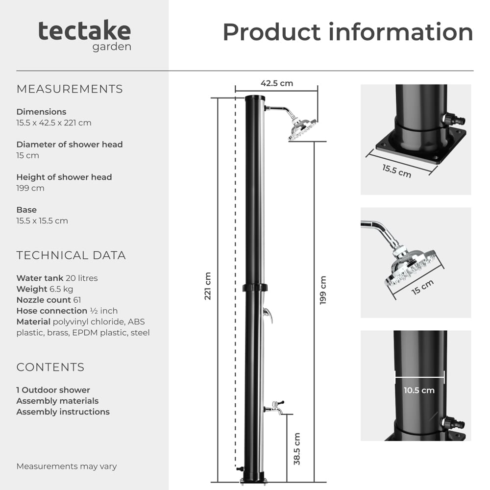 tectake Tinto Black and Silver Portable Solar Outdoor Shower with Tap 20L Image 9