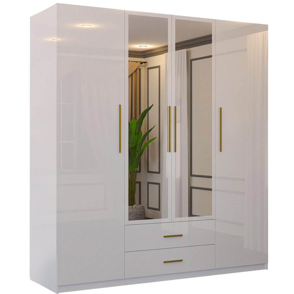 Sliding Wardrobes 4U XD1 4 Door 2 Drawer White High Gloss Gold Handle Mirror Wardrobe Image 2