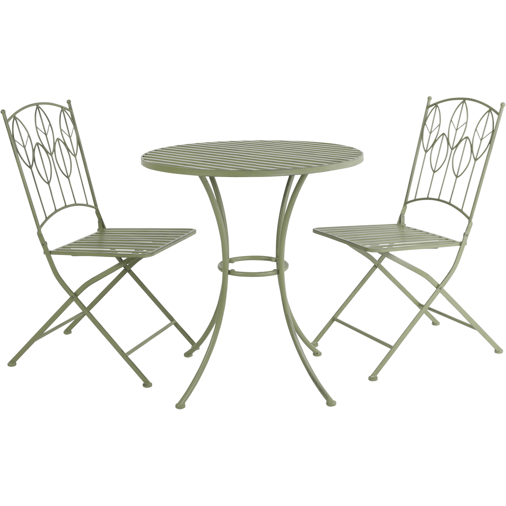 Charles Bentley 2 Seater Sage Green Rustic Metal Leaf Pattern Foldable Garden Bistro Set Image 2