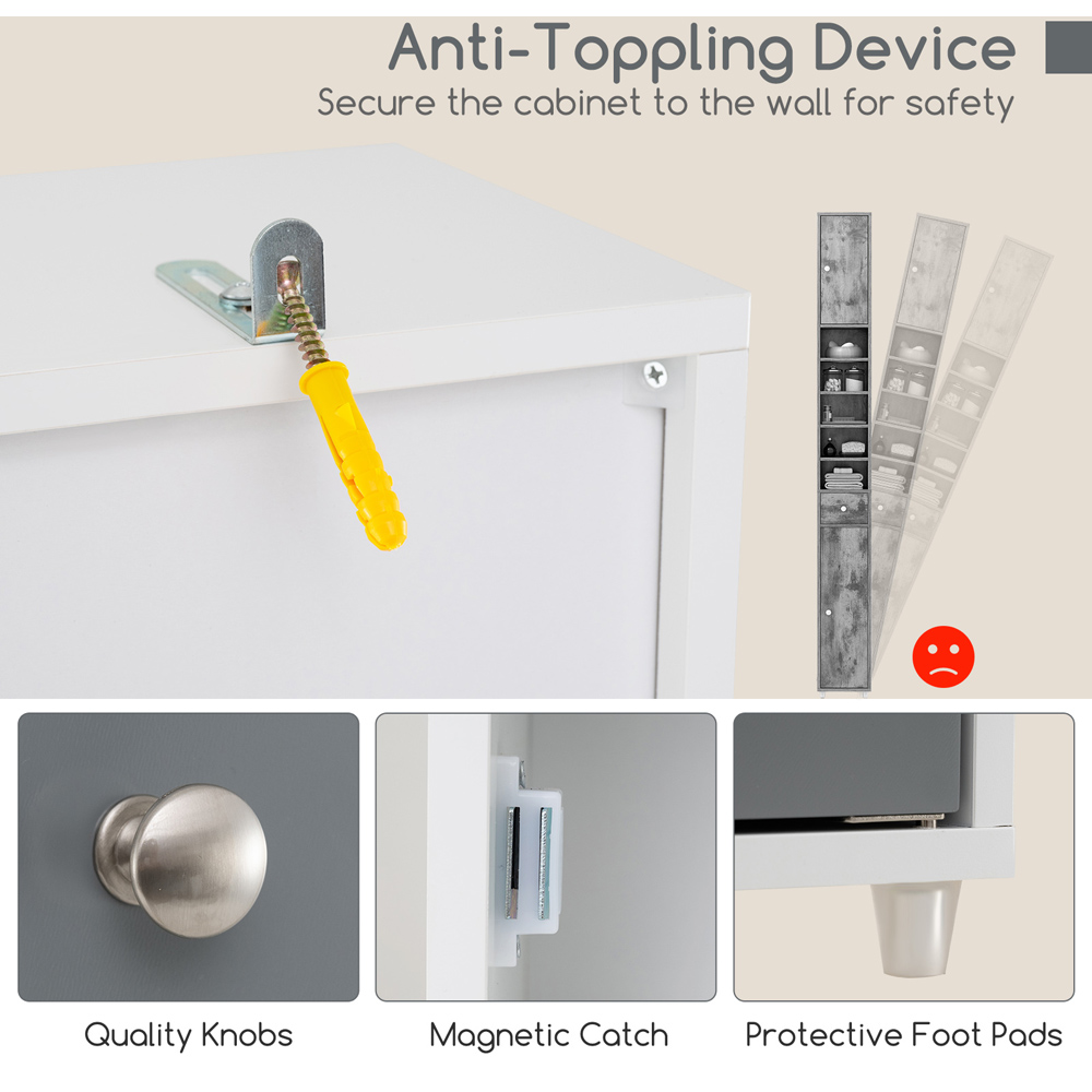 Costway Single Drawer 2 Door 5 Shelf Grey and White Tall Freestanding Bathroom Cabinet Image 6