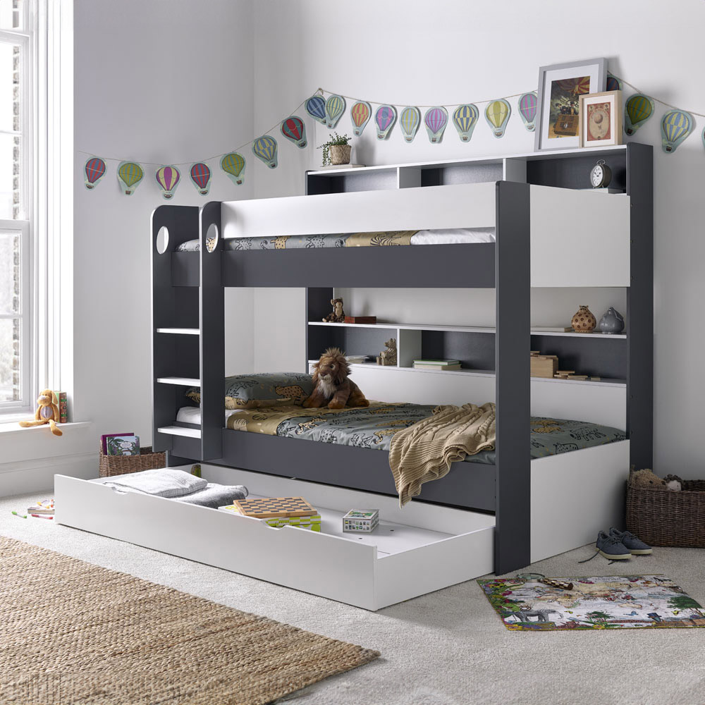 Oliver Grey and White Storage Bunk Bed with Memory Foam Mattresses Image 9