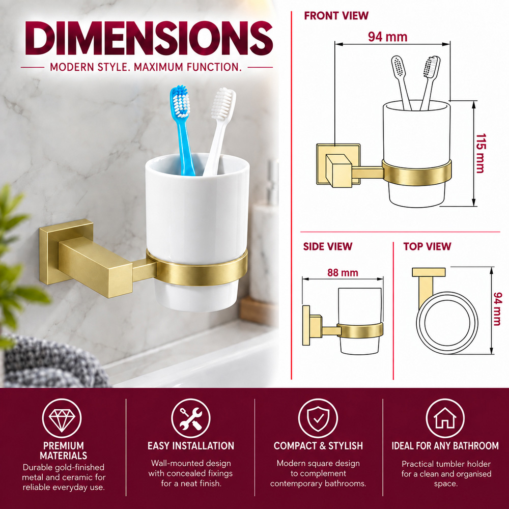 Go Bathrooms Froma Brushed Gold Wall Mounted Ceramic Tumbler with Holder Image 6