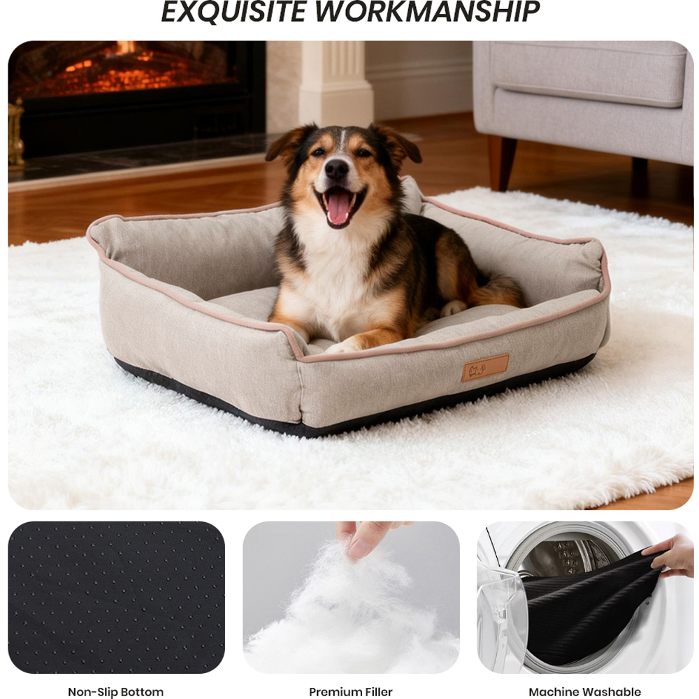 H&O Direct 50 x 38cm Beige Rectangular Warm Dog Bed with Anti-Slip Bottom Image 5