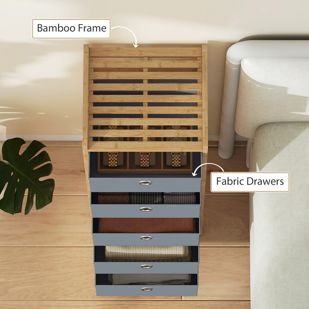 Portland 5 Fabric Drawer Light Grey Bamboo Frame Chest of Drawers Image 5