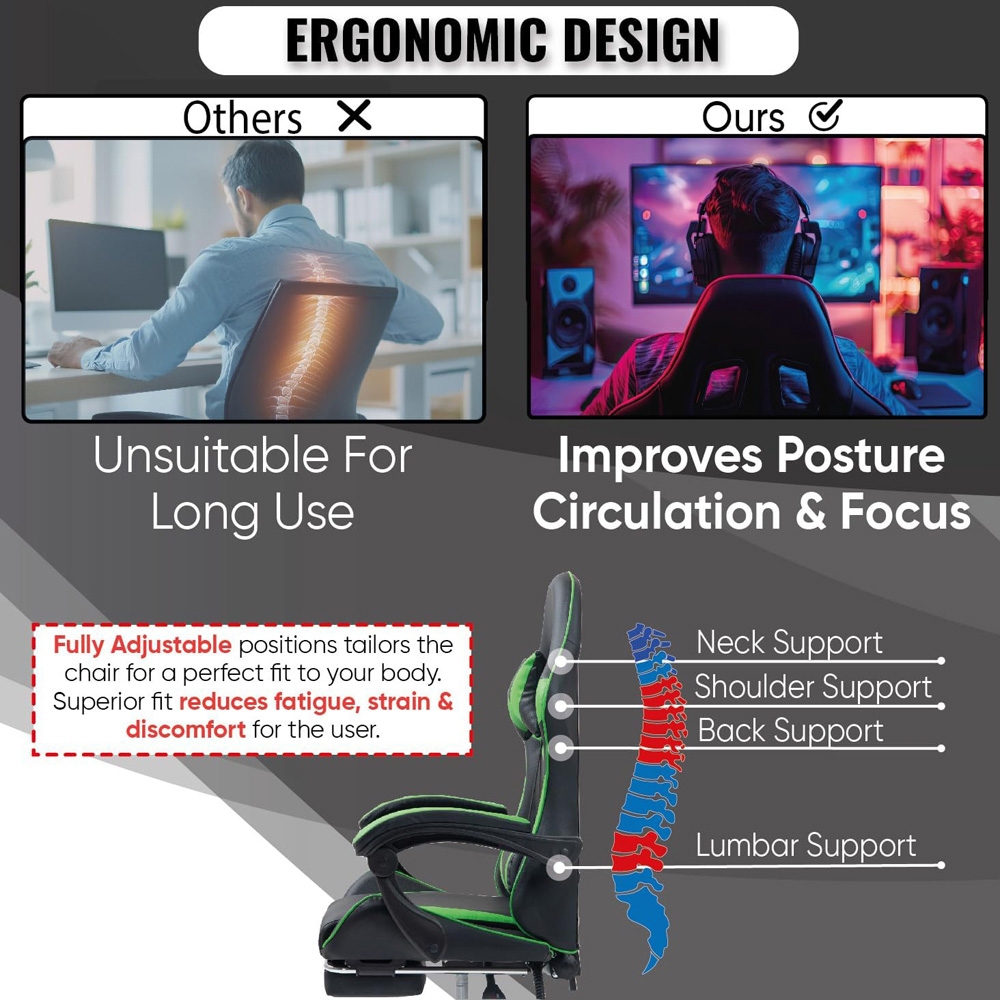 Home Treats Green Reclining Gaming Chair with Massage Cushion and Footrest Image 7