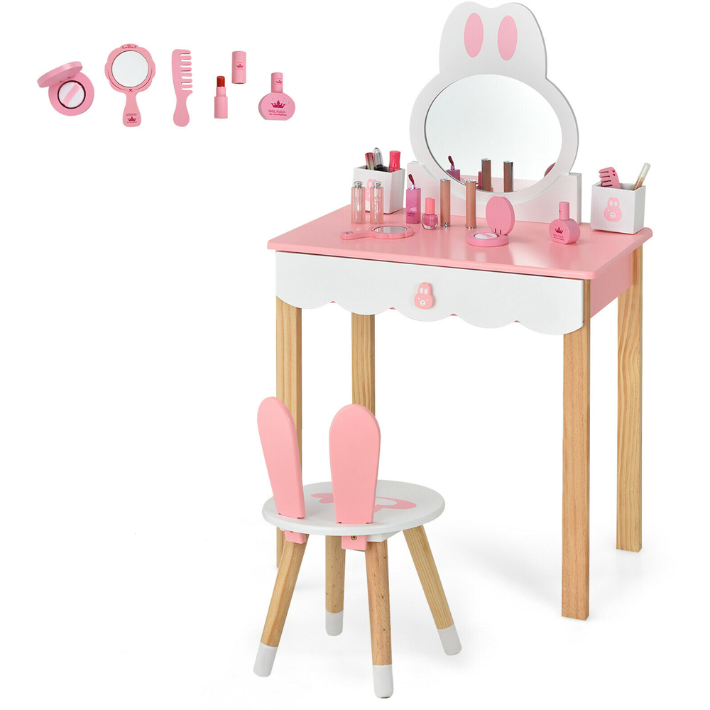 Costway Single Drawer Kids Pink Vanity Table and Chair Set with Mirror Image 2