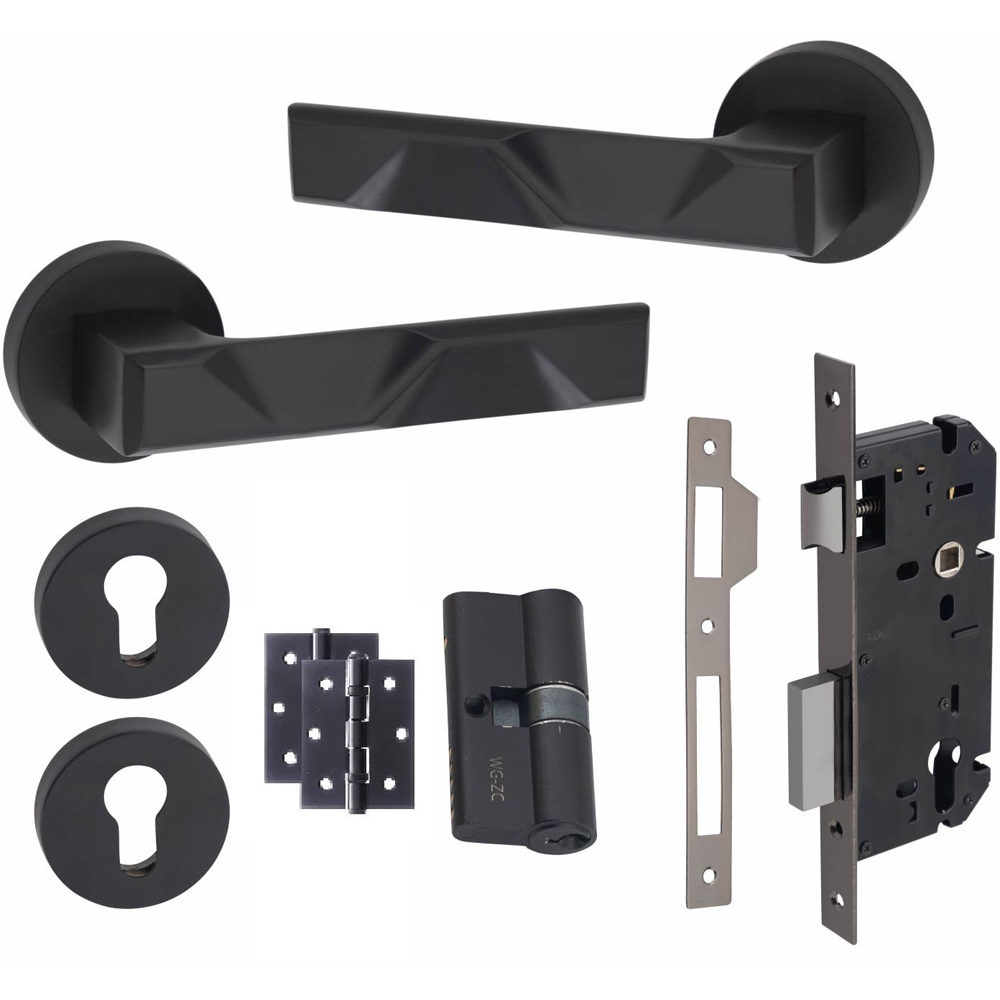 Golden Grace Matt Black Modern Nova Euro Lock Door Handle Set 70mm Image 1