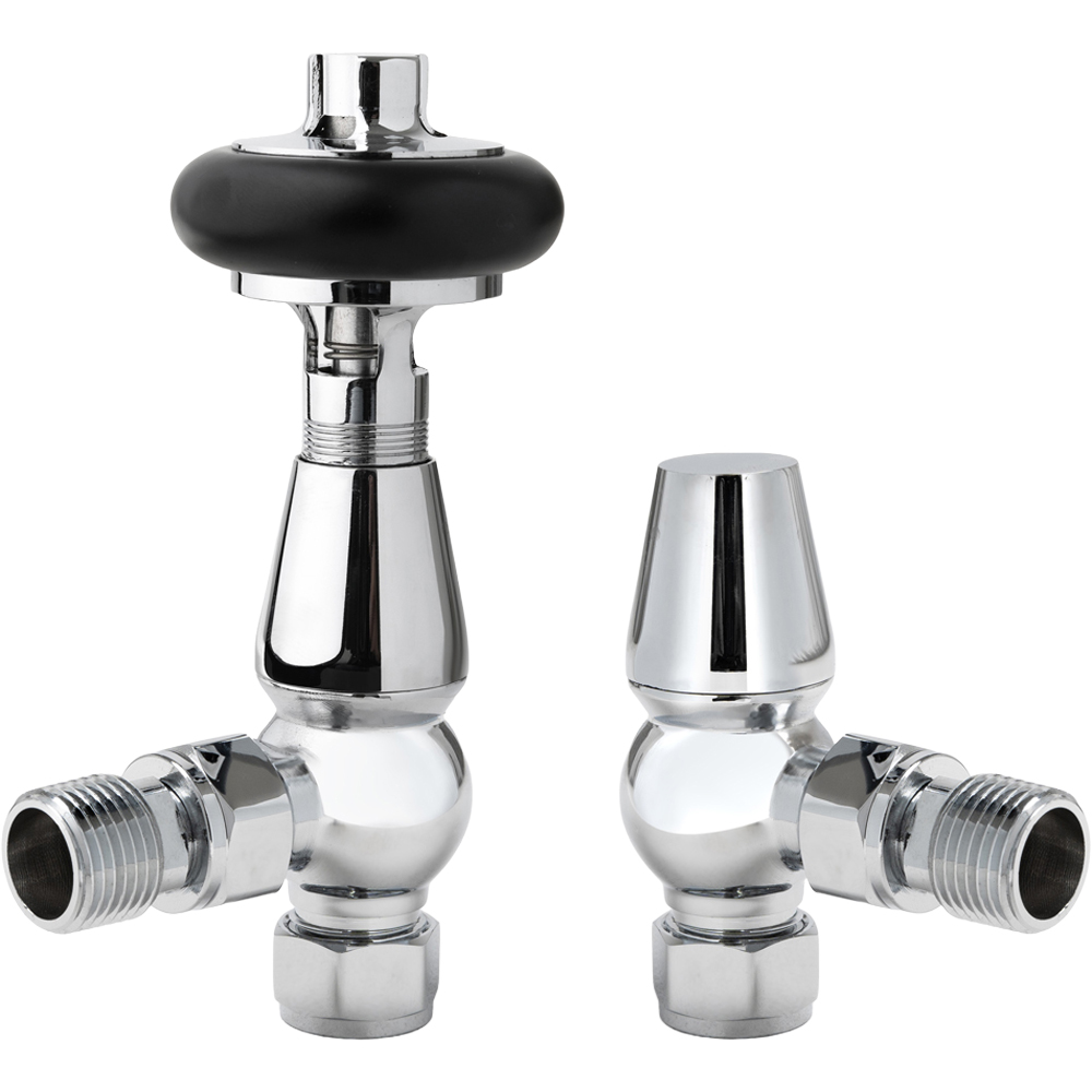 Go Bathrooms Ria Chrome Wooden Head Angled Radiator Valves Set 15mm Image 1