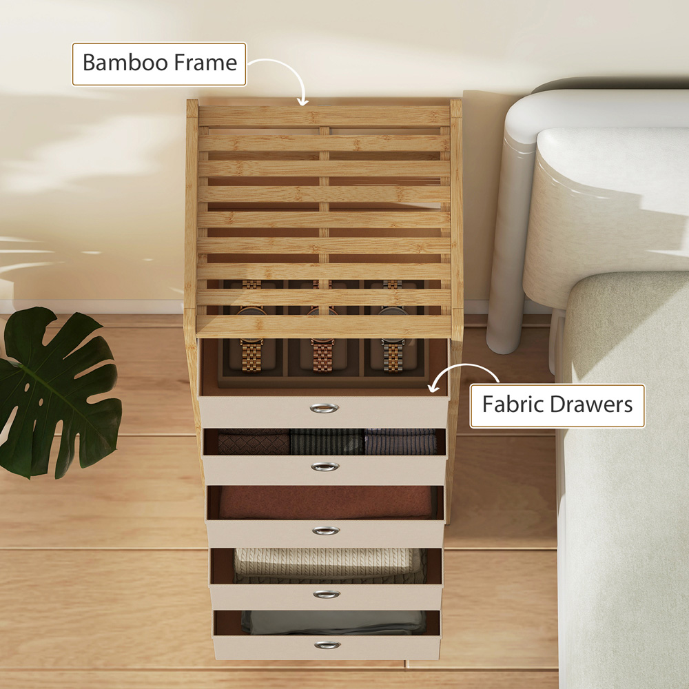 Portland 5 Fabric Drawer Cream White Bamboo Frame Chest of Drawers Image 5