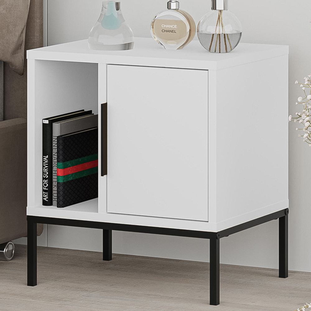 Decortie Glynn Single Door Single Shelf White Nightstand with Metal U Leg Image 1