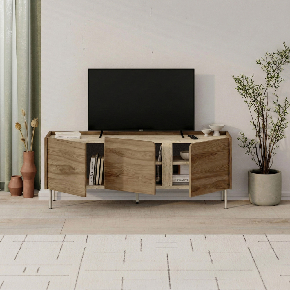 Decortie Norm 3 Door Deep Oud and Travertine TV Stand Image 3