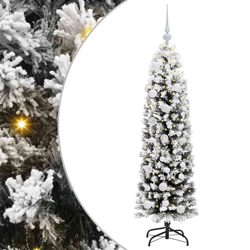 vidaXL Green Snow Flocked Artificial Christmas Tree with LEDs White Decoration Ornaments 5ft Image 2