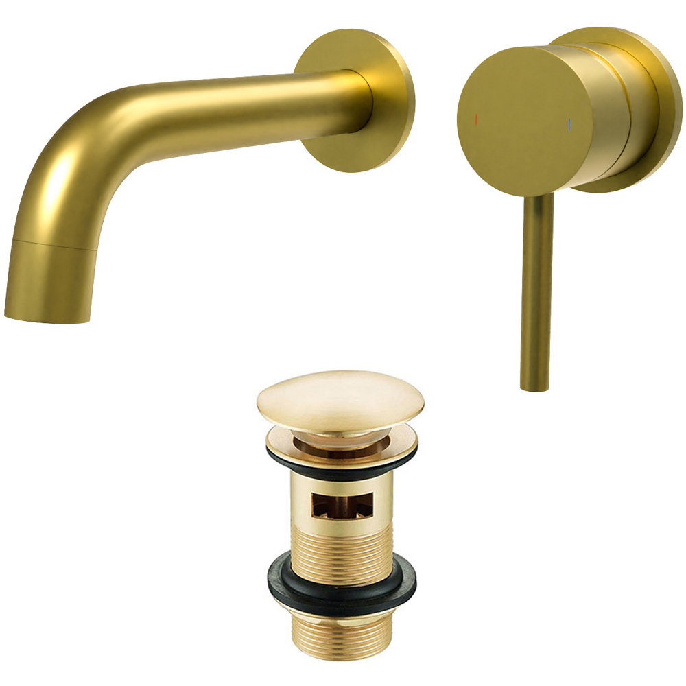 Nes Home Remy Brushed Brass Wall Mounted Basin Mono Tap with Waste Image 1