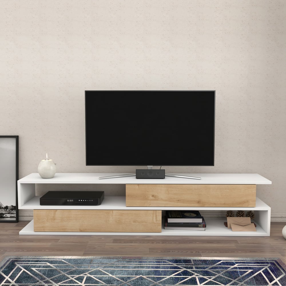 Decorotika Cortez 2 Shelf White and Sapphire Oak TV Unit Image 4