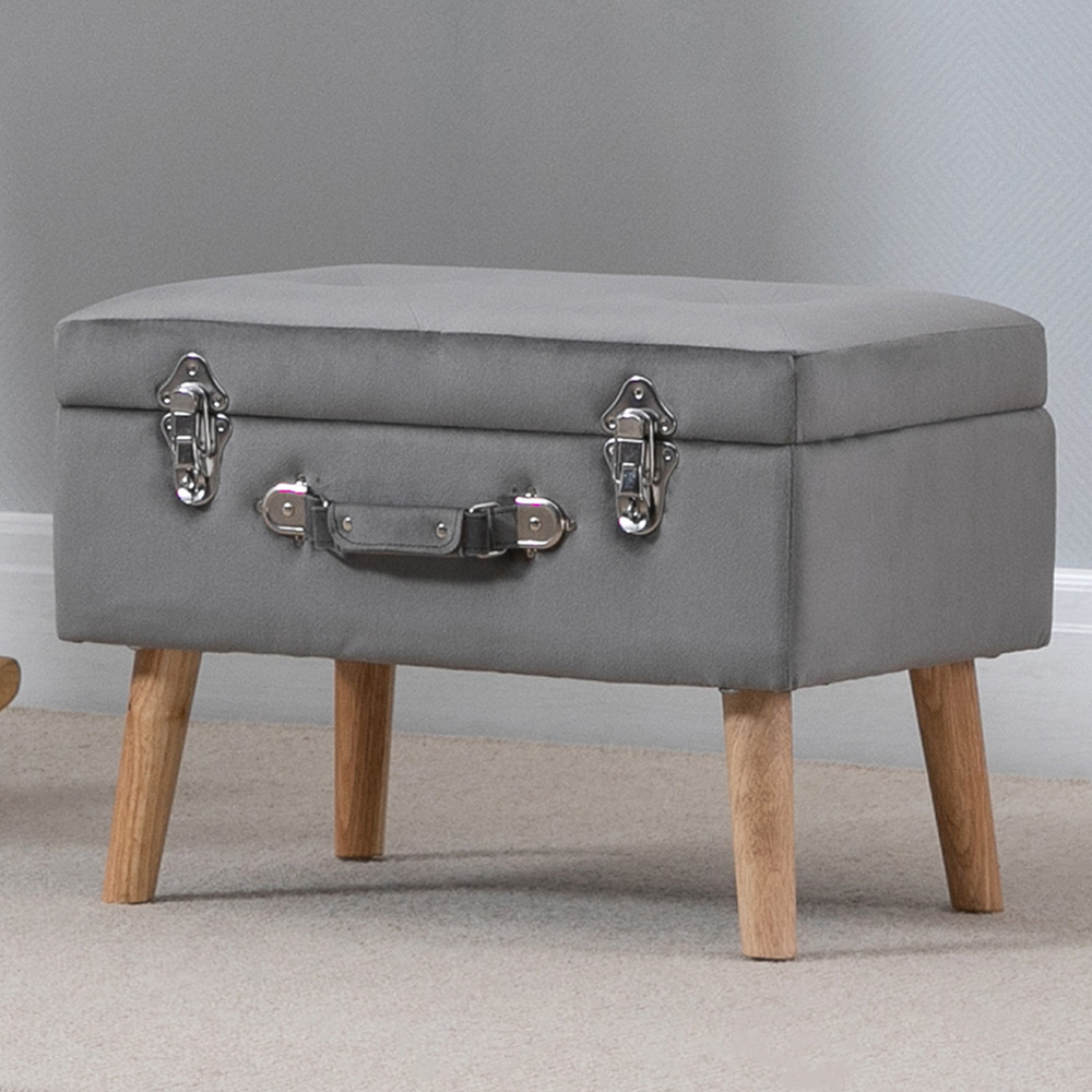 Portland Grey Faux Velvet Upholstered Ottoman Trunk Image 1