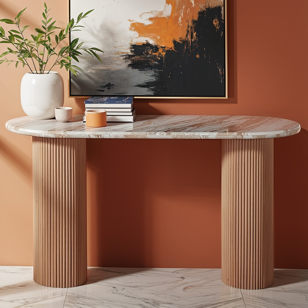 IH Design Bundi Natural Marble and Wood Pedestal Console Table Image 1