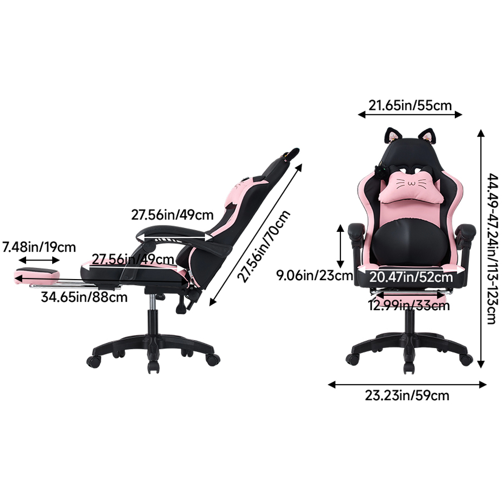 Living and Home Black and Pink Cat Ear Design Gaming Chair with Massage Lumbar Pillow Image 9