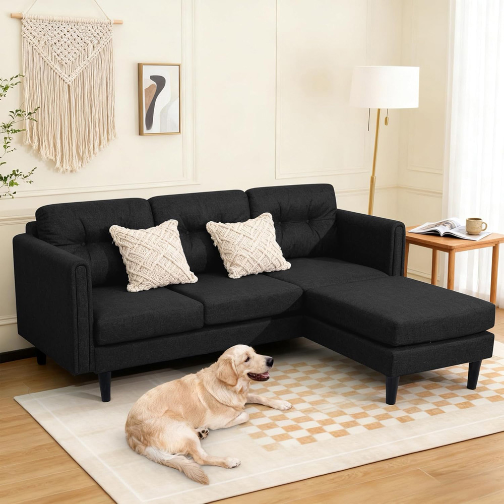 Alivio 4 Seater Black Linen Fabric Modern L-Shaped Sectional Sofa with Movable Chaise Image 4