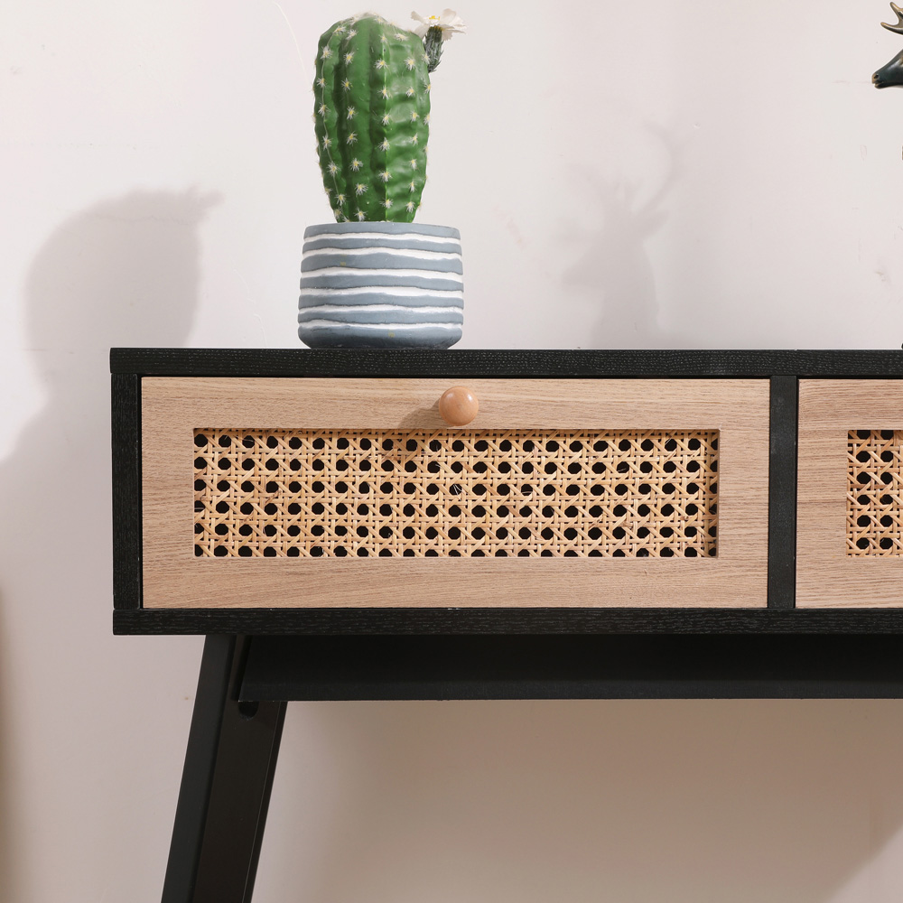 FurnitureHMD 2 Drawer Black Rattan Weaving Console Table Image 9