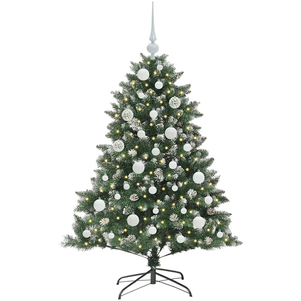 vidaXL Pre-Lit White Bauble Pinecones Green Snow Flocked Artificial Christmas Tree 4ft Image 1