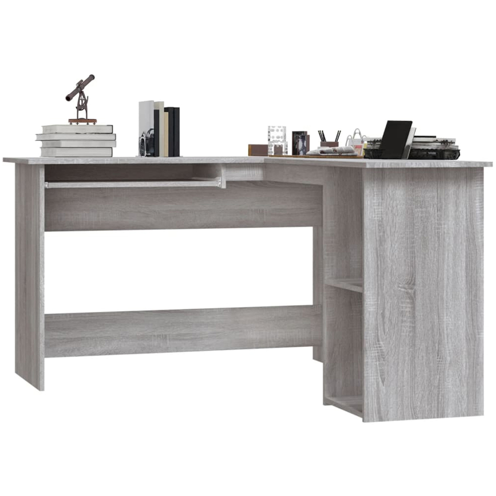 vidaXL 2 Shelf L-Shaped Corner Computer Desk with Keyboard Tray Grey Sonoma Image 3