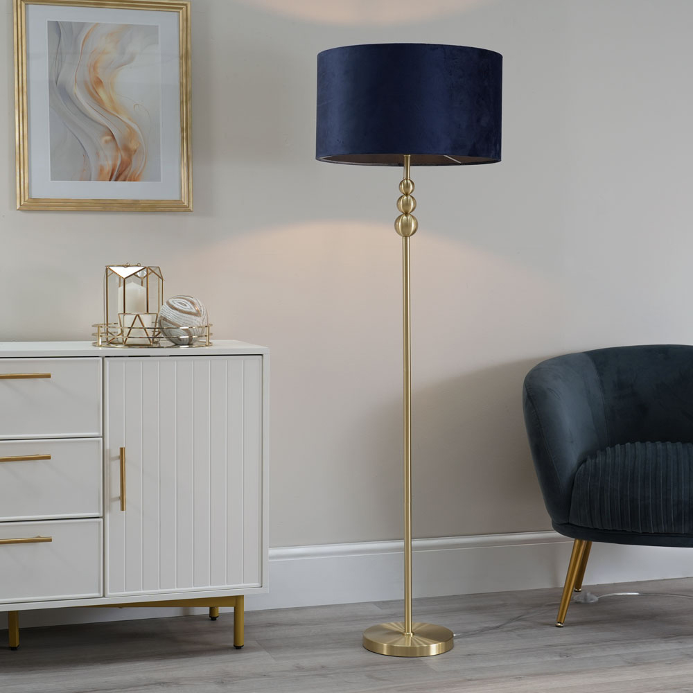 ValueLights Marissa Reni Navy Blue Velvet Shade and Gold Ball LED Floor Lamp Image 2