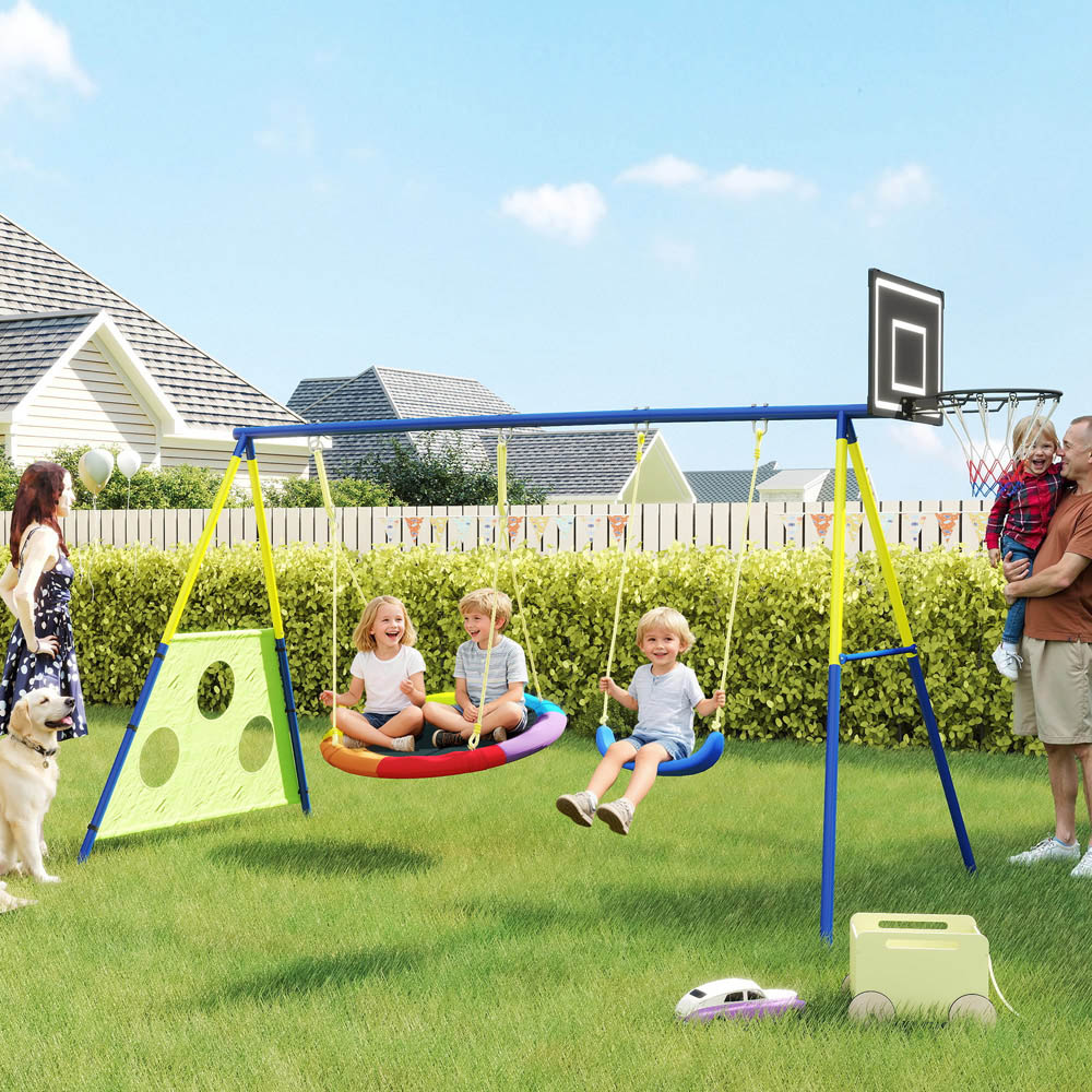 AIYAPLAY 4-in-1 Kids Swing Set with Basketball Hoop and Football Goal Image 2