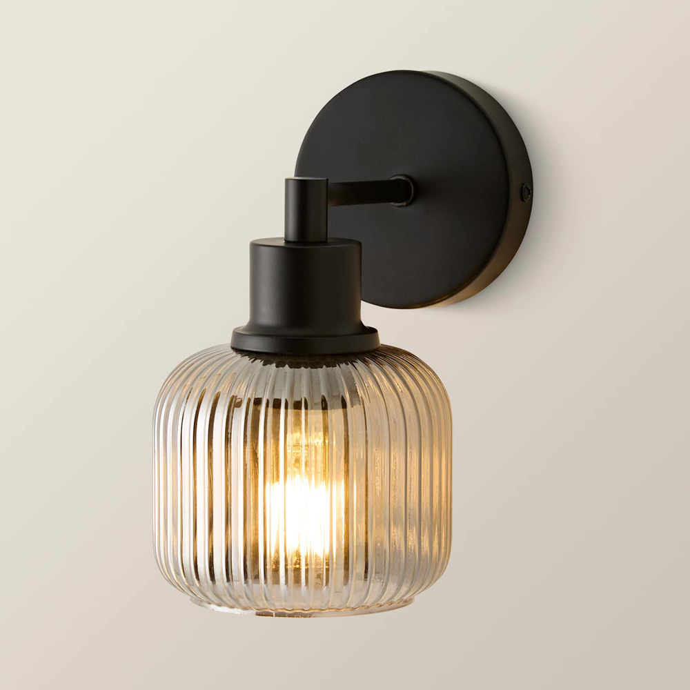 ValueLights Calpe Matte Black Ribbed Smoked Glass Shade Wall Light with Bulb Image 3