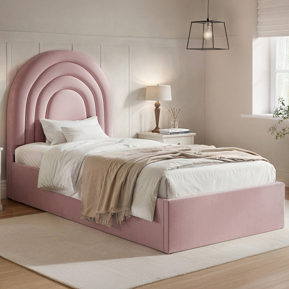 Flair Ava Single Pink Velvet Ottoman Bed Image 1