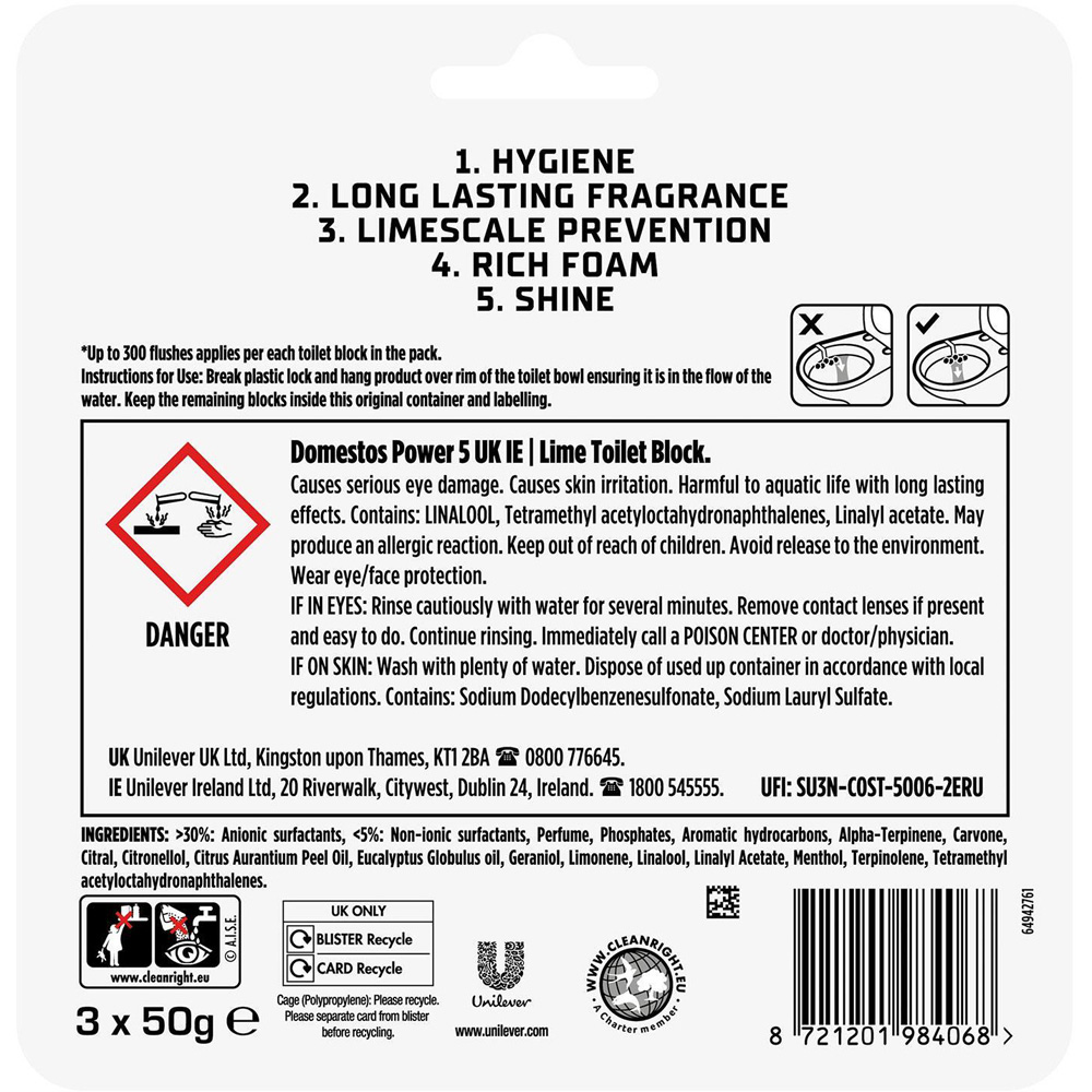 Domestos Power 5 Lime Toilet Rim Block Trio Pack 50g 10 Pack Image 6
