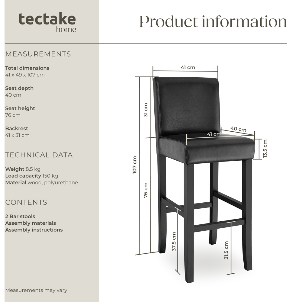 Tectake Black Leather Padded Bar Stool Set of 2 Image 8